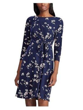 Chaps | Floral Draped Knot Front Dress Navy Blue Pink